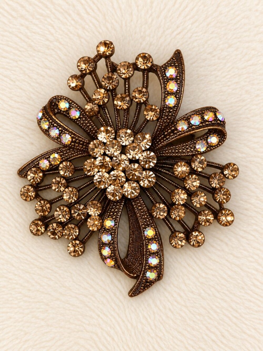 Amber Rhinestone Flower Burst Brooch Pin